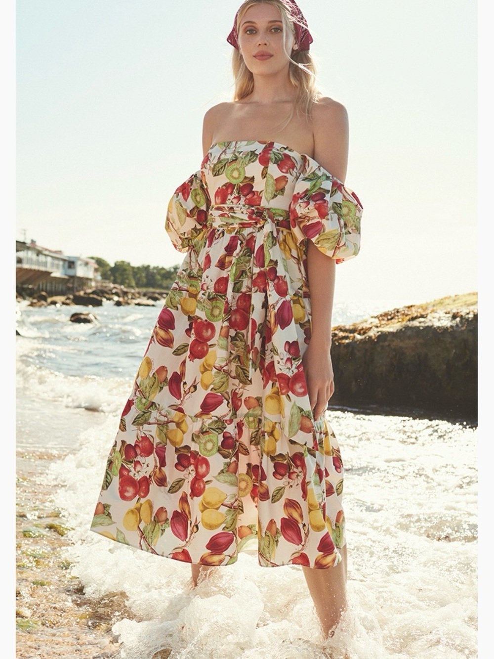 Cara Cara Off-Shoulder Fruit Print Midi Dress